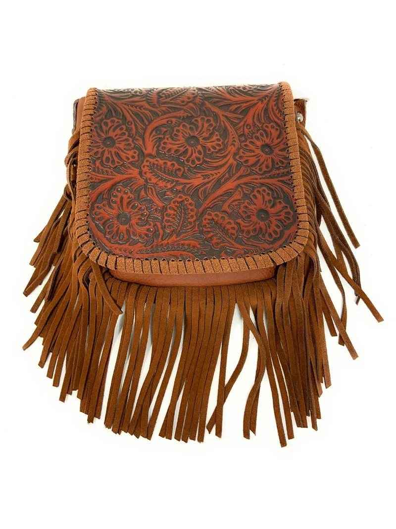 Western Genuine Leather Floral Tooled Fringe Womens Crossbody Bag | Walmart (US)