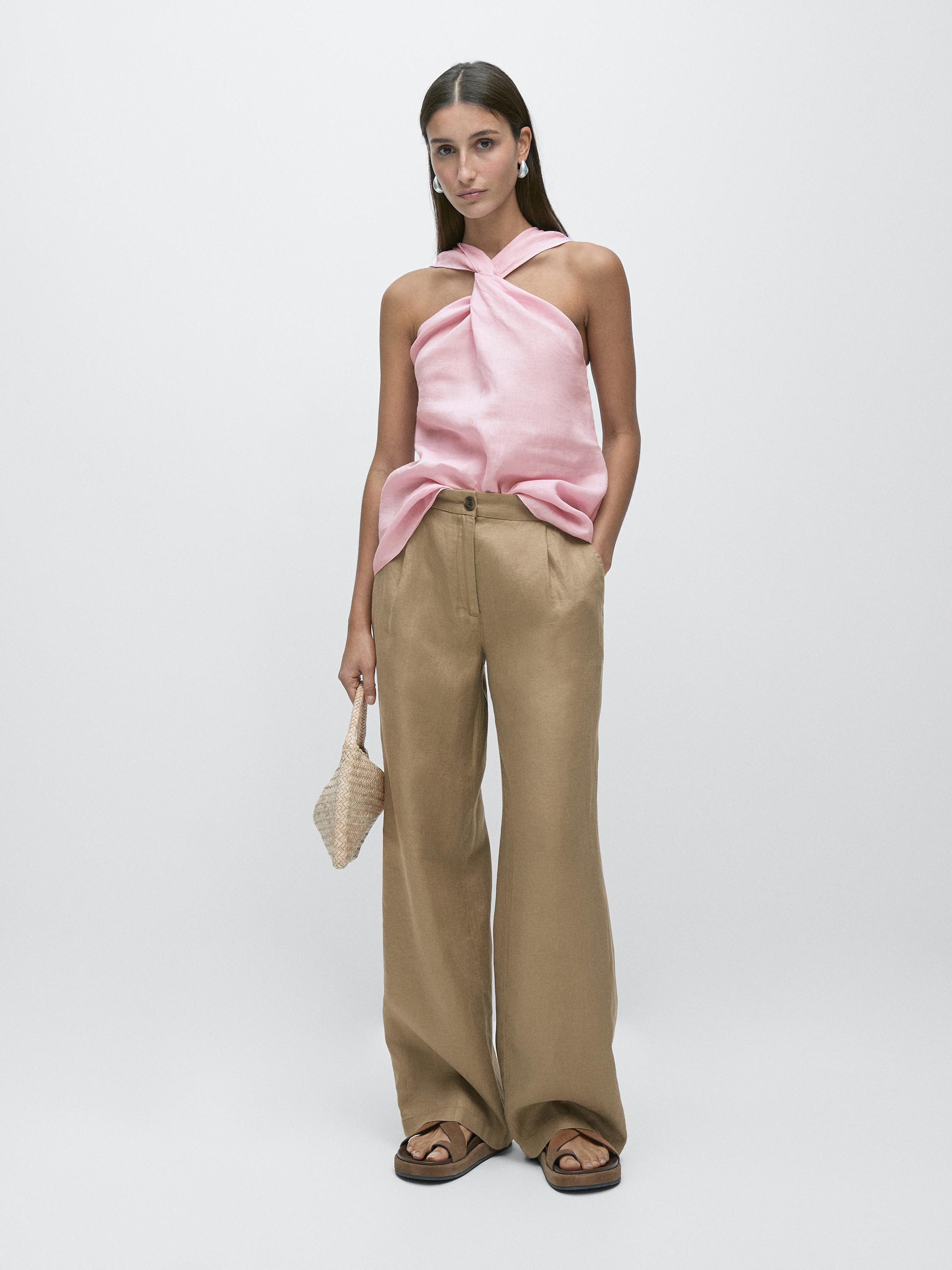 100% linen wide-leg elasticated trousers | Massimo Dutti UK