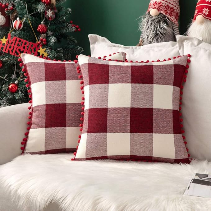 MIULEE Set of 2 Retro Farmhouse Buffalo Plaid Check Pillow Cases with Pom-poms Decorative Throw P... | Amazon (US)