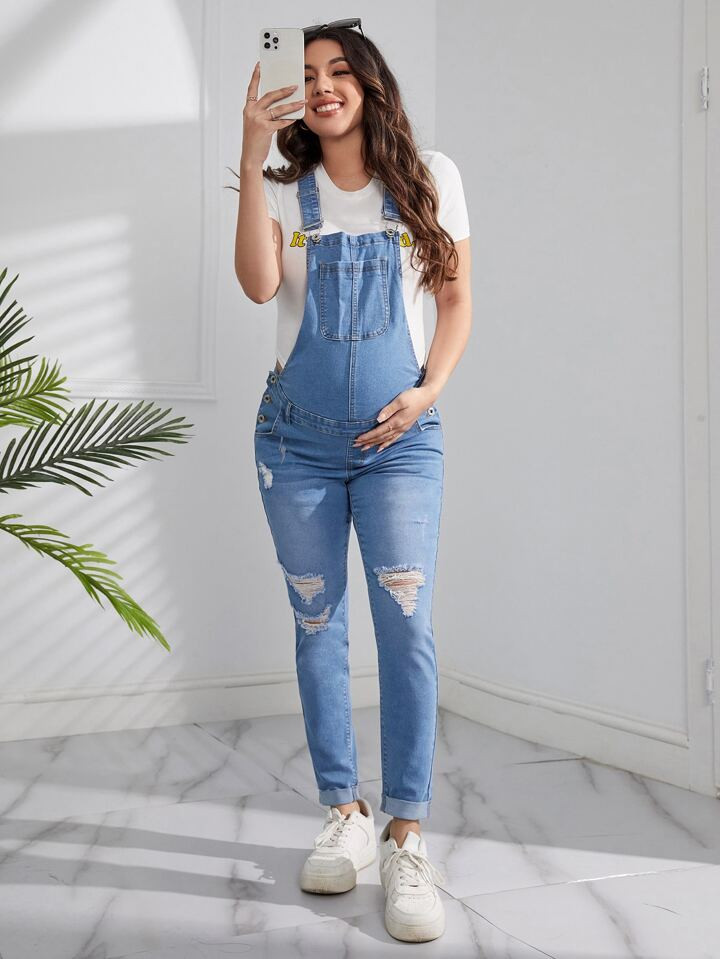 SHEIN Maternity Patched Pocket Ripped Skinny Denim Overall | SHEIN