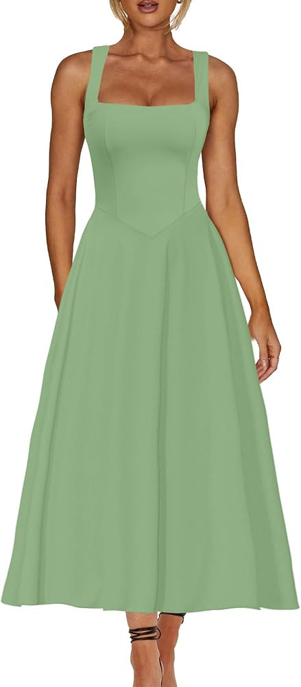 Kaximil Women's Square Neck Sleeveless A Line Maxi Dress Smocked Ruffle Flowy Casual Long Dresses | Amazon (US)