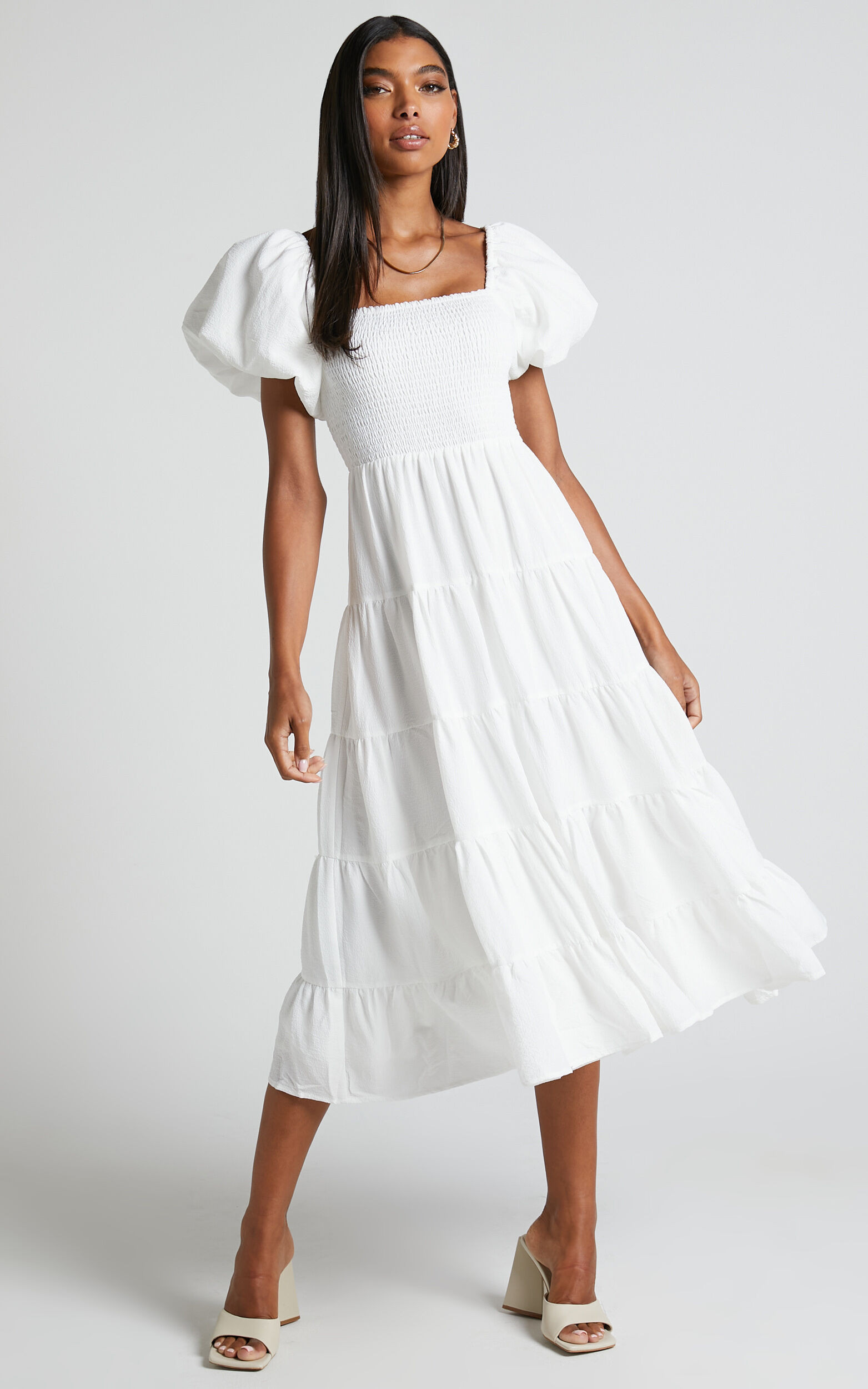 Maxima Midi Dress - Puff Sleeve Shirred Bodice Tiered Dress in White | Showpo (US, UK & Europe)