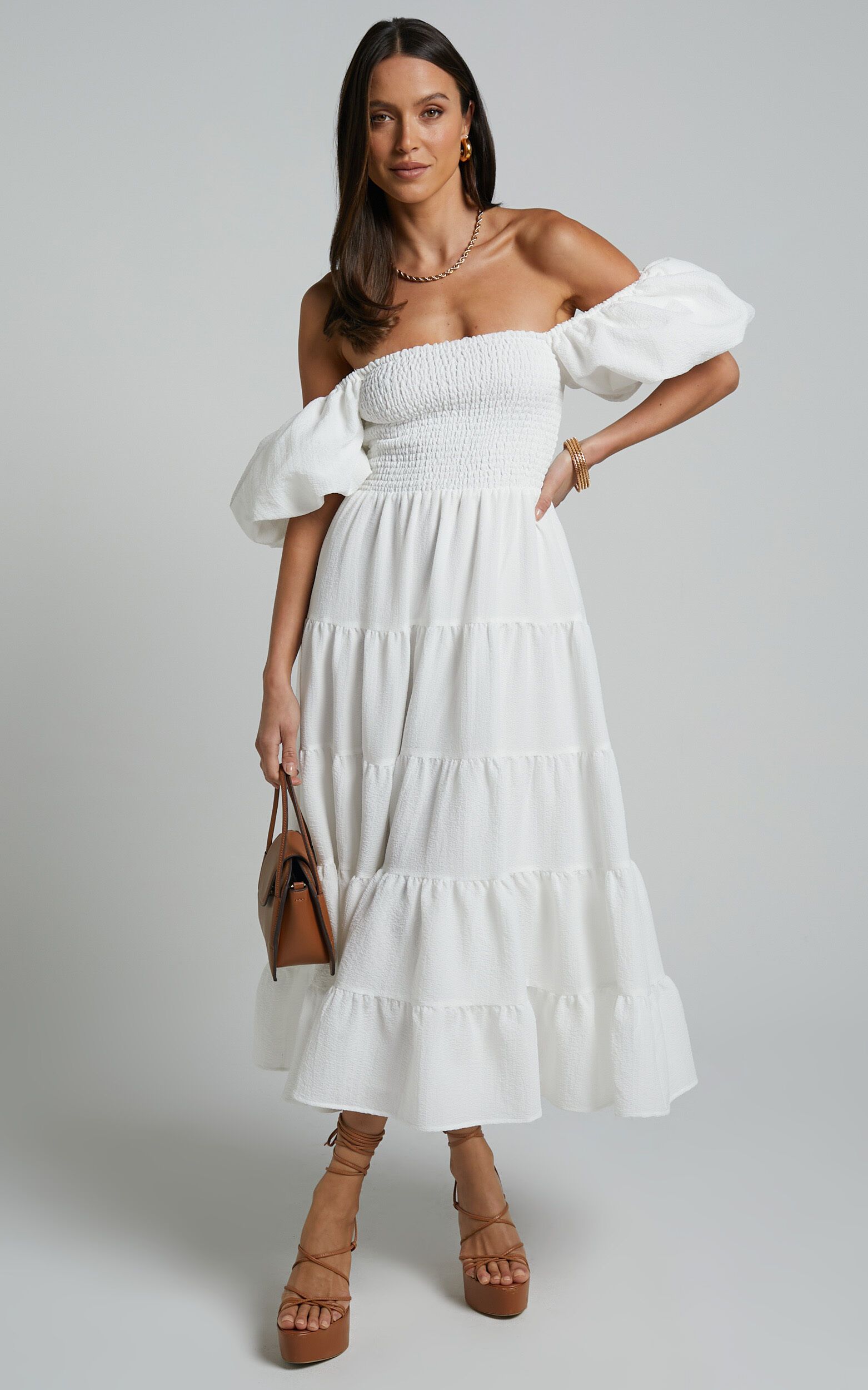 Maxima Midi Dress - Puff Sleeve Shirred Bodice Tiered Dress in White | Showpo (US, UK & Europe)