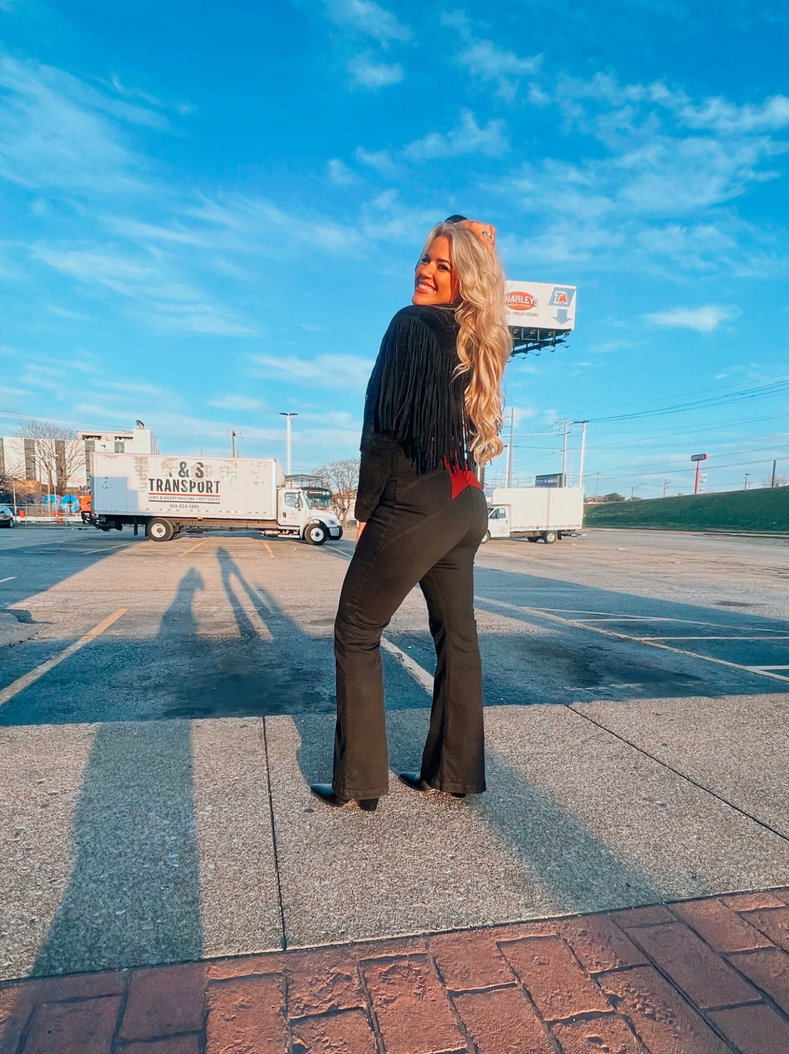 free people trinity flare star denim jumpsuit with suede fringe jacket & leather booties

#LTKunder100 #LTKFind #LTKSeasonal