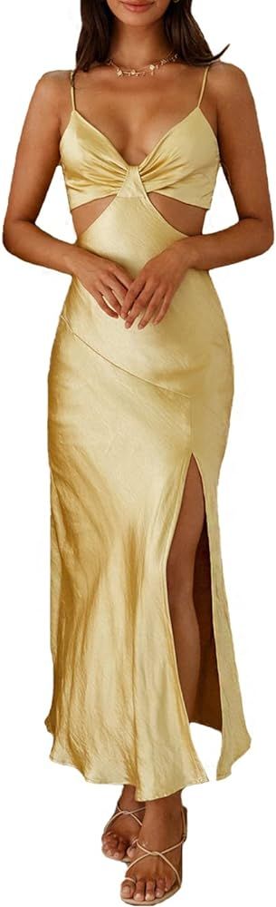 2024 Satin Cut Out Maxi Summer Dresses for Women Silk Spaghetti Strap V-Neck Backless Tie Back We... | Amazon (US)