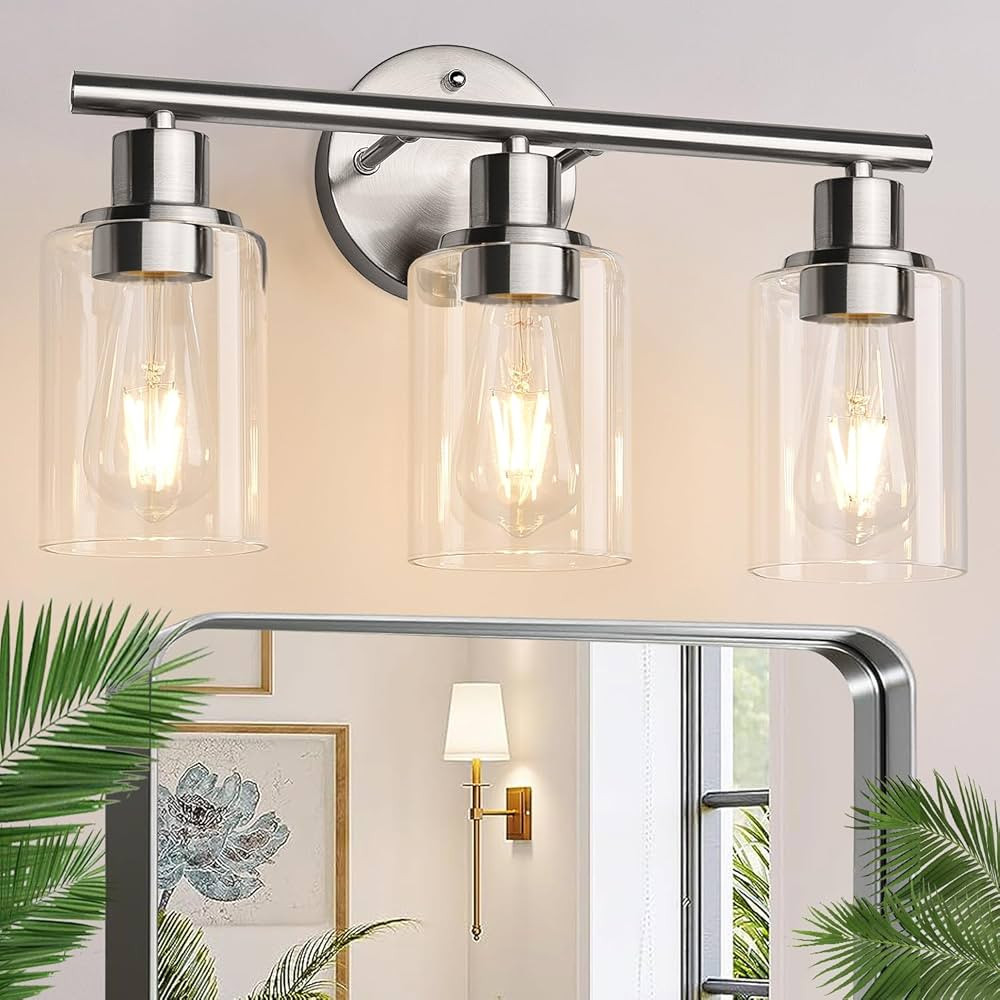 3-Light Bathroom Light Fixtures, Brushed Nickel Vanity Light, Farmhouse Wall Lights with Clear Gl... | Amazon (US)