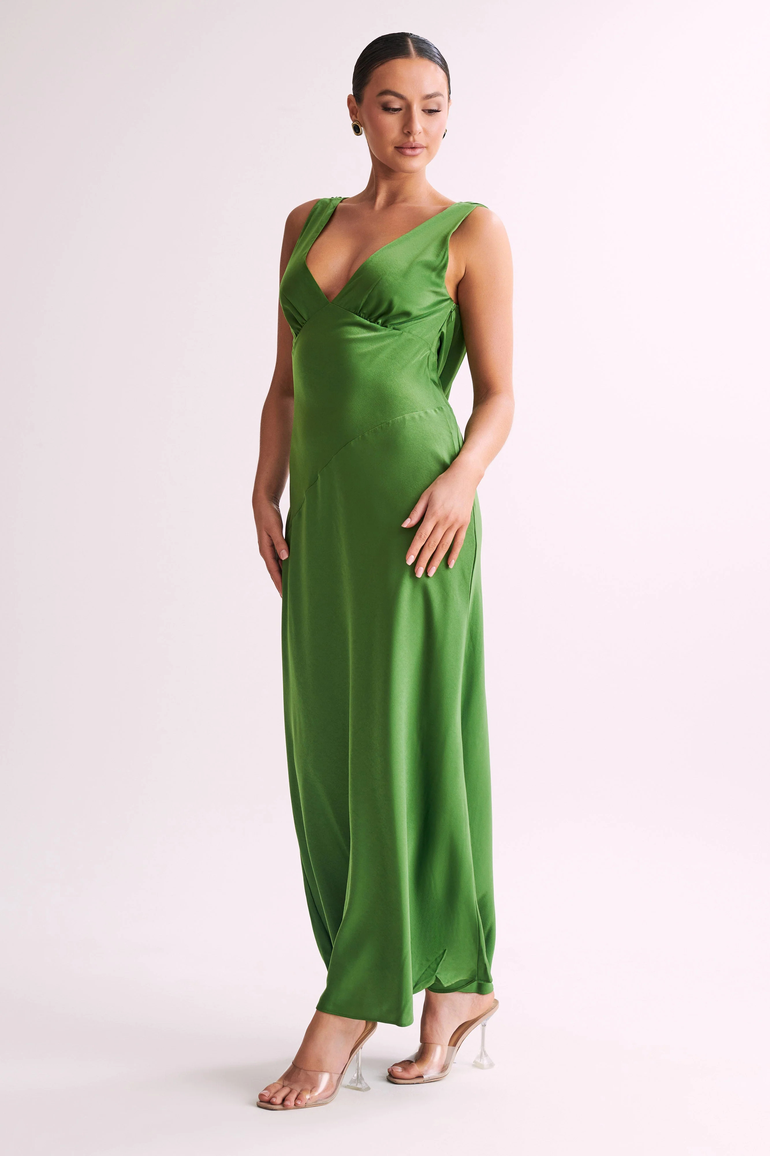 Nadia Maxi Satin Dress With Back Cowl - Emerald | MESHKI US