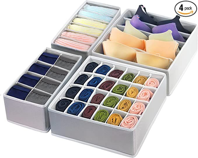 GOGOODA 4 Pcs Underwear Drawer Organizers Divider, Socks Bra Organizer and Storage Boxes for Ling... | Amazon (US)