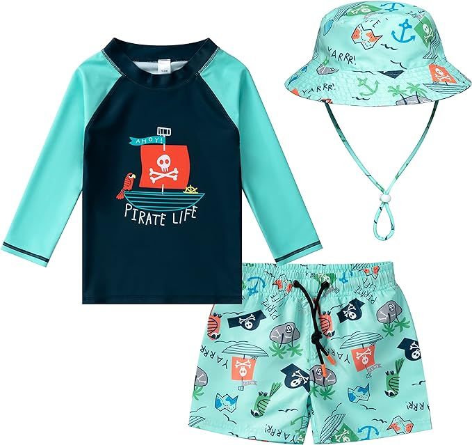 Toddlers and Baby Boys' 3-Piece Swimsuit Trunk Rashguard Set and Sun Hat Swimwear Bathing Suit Su... | Amazon (US)