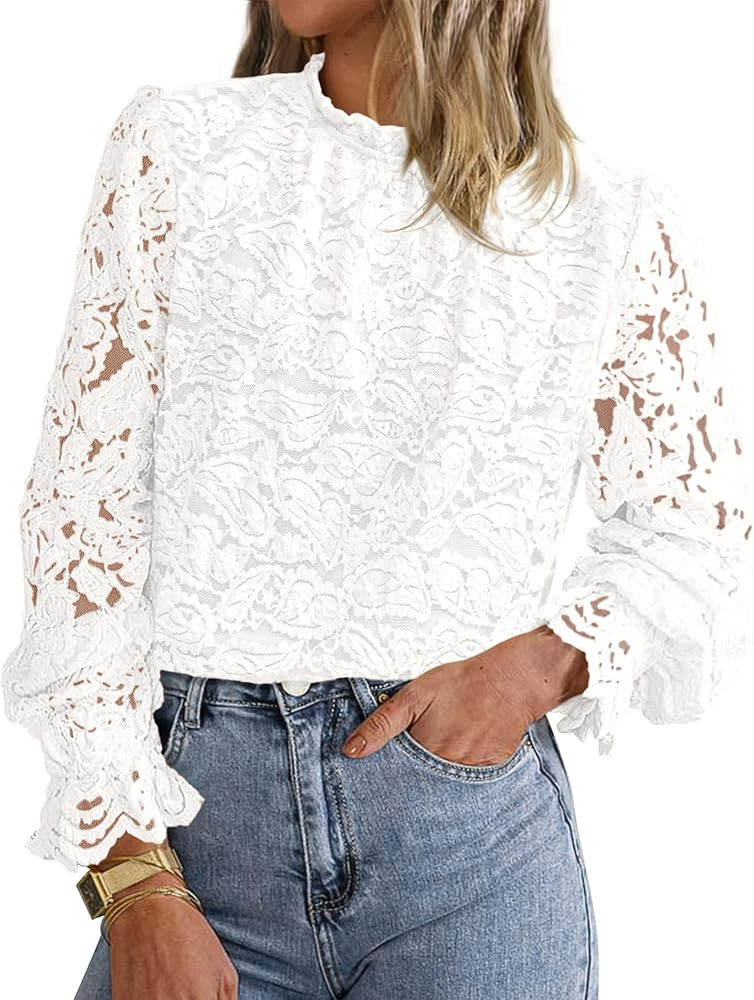 KIRUNDO Blouses for Women Dressy Casual Lace Long Sleeve Tops Mock Neck Ruffle Hem Shirts Fall Fa... | Amazon (US)