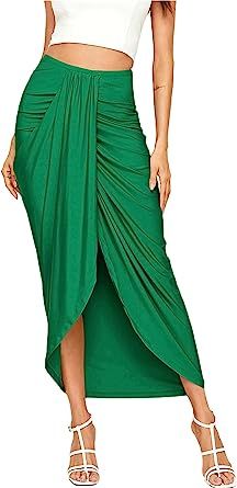 SheIn Women's Casual Slit Wrap Asymmetrical Elastic High Waist Maxi Draped Skirt Black Medium at ... | Amazon (US)