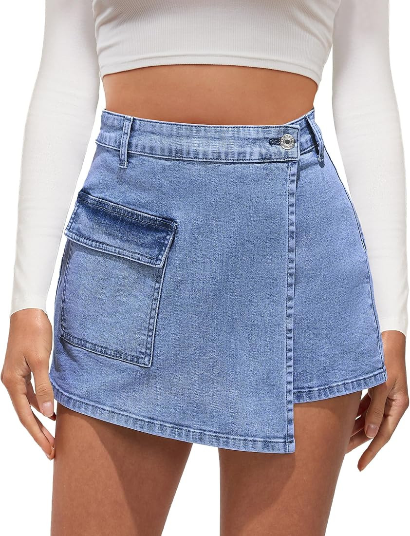luvamia Denim Skorts for Woman Cargo Faux Wrap Jean Skort Skirts Stretchy High Waisted Skirt Shor... | Amazon (US)