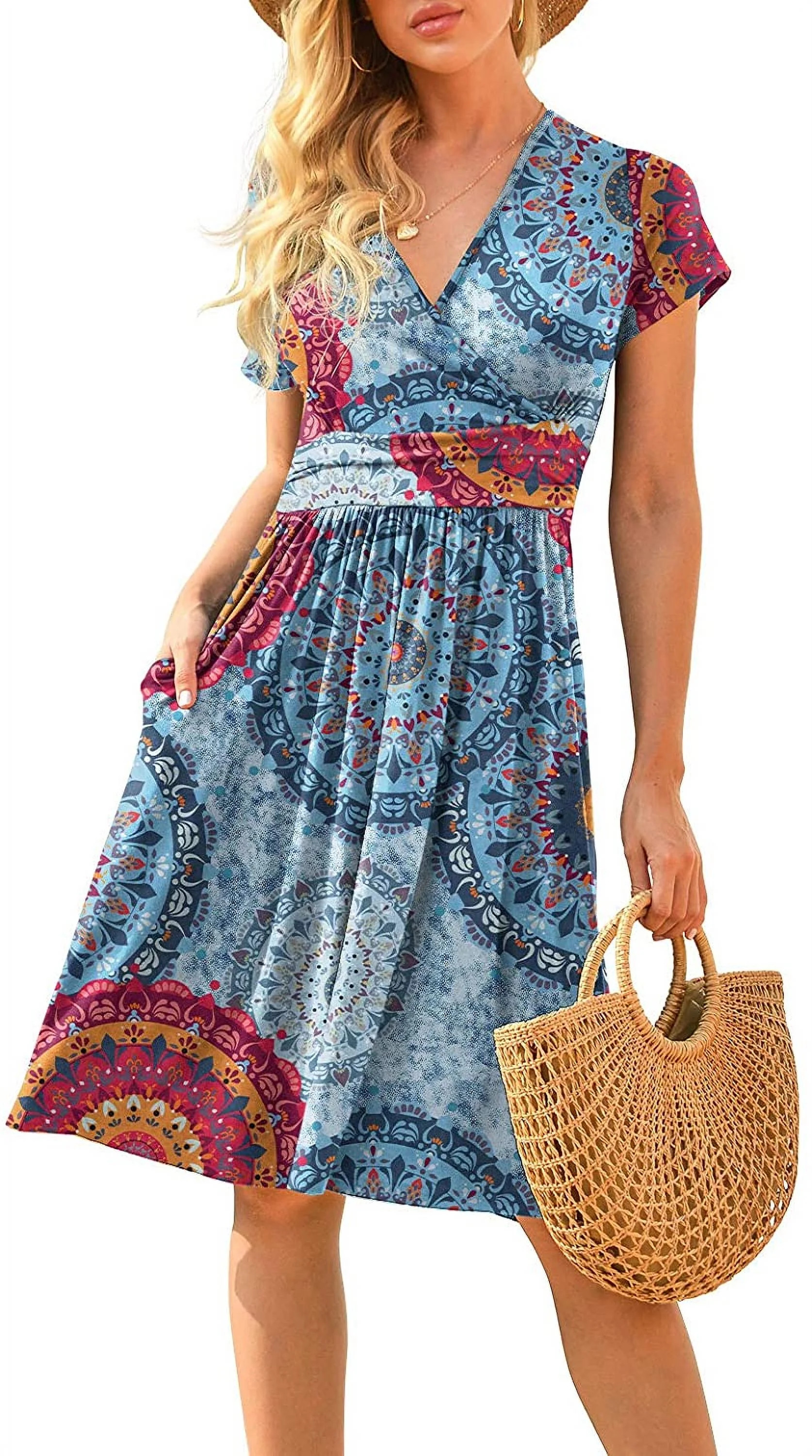 POPYOUNG Women's Summer Casual Short Sleeve V-Neck Short Party Dress with Pockets - Walmart.com | Walmart (US)