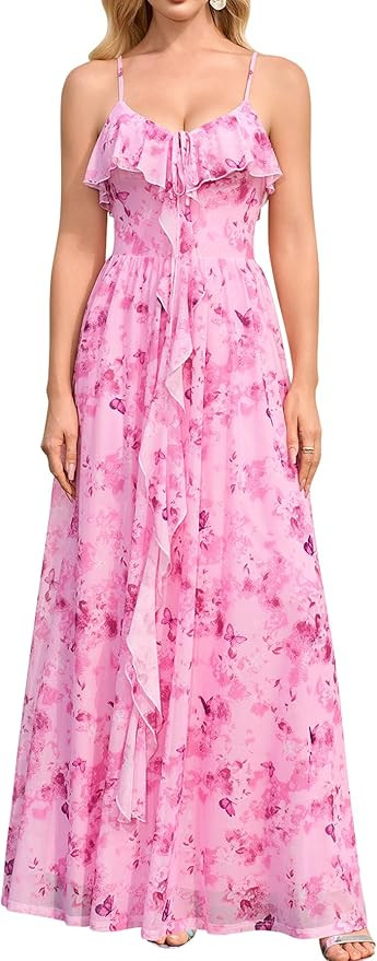 Floral Wedding Guest Long Dress Summer V Neck Tie Ruffle Flowy Party Maxi Dresses for Women | Amazon (US)