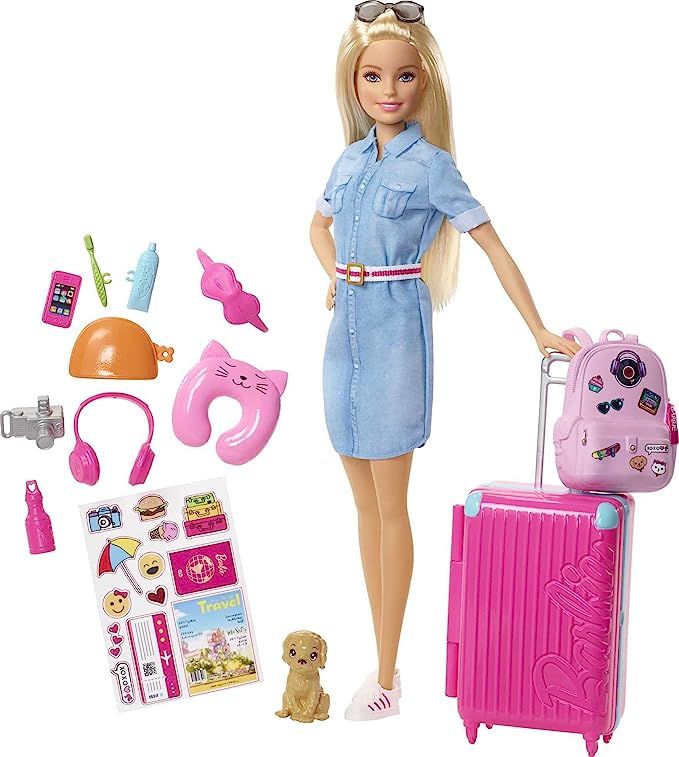 Barbie Doll and Travel Set with Puppy, Luggage & 10+ Accessories, Multicolor | Amazon (US)