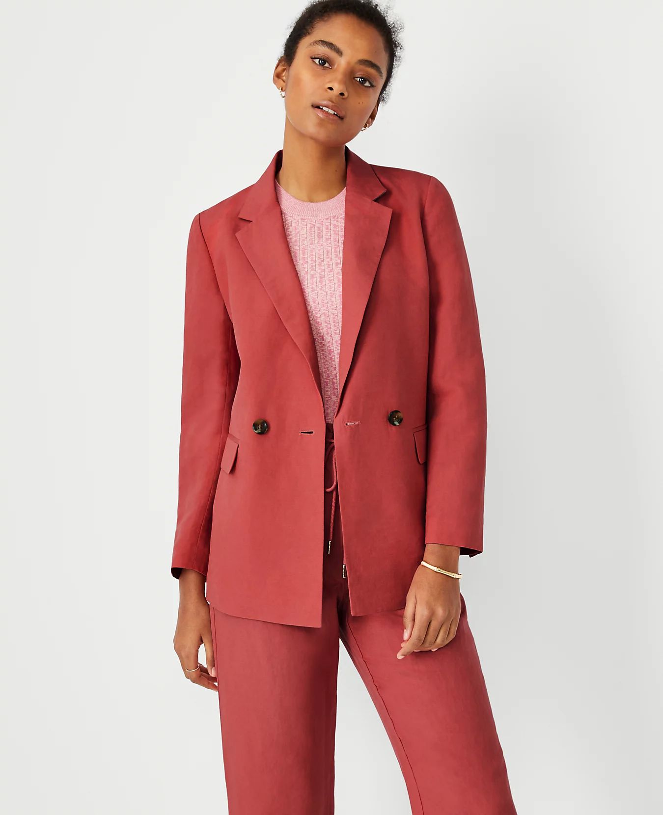 Linen Blend Relaxed Double Breasted Long Blazer | Ann Taylor | Ann Taylor (US)