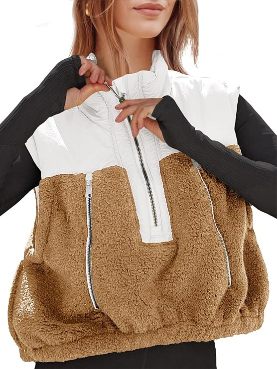 Tankaneo Womens Cropped Vests Outerwear Color Block Half Zipper Fleece Sherpa Sleeveless Winter C... | Amazon (US)