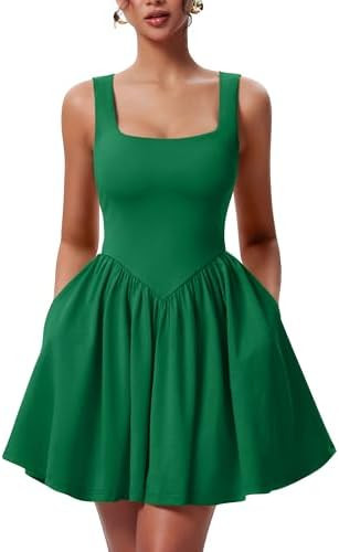 YMDUCH Women's Summer Sleeveless Square Neck A-line Ruffle Hem Mini Tank Dress with Pockets | Amazon (US)