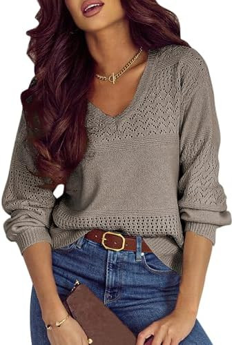 SHEWIN Women's Sweaters Casual Long Sleeve V Neck Lightweight Crochet Pullover Sweater Tops | Amazon (US)