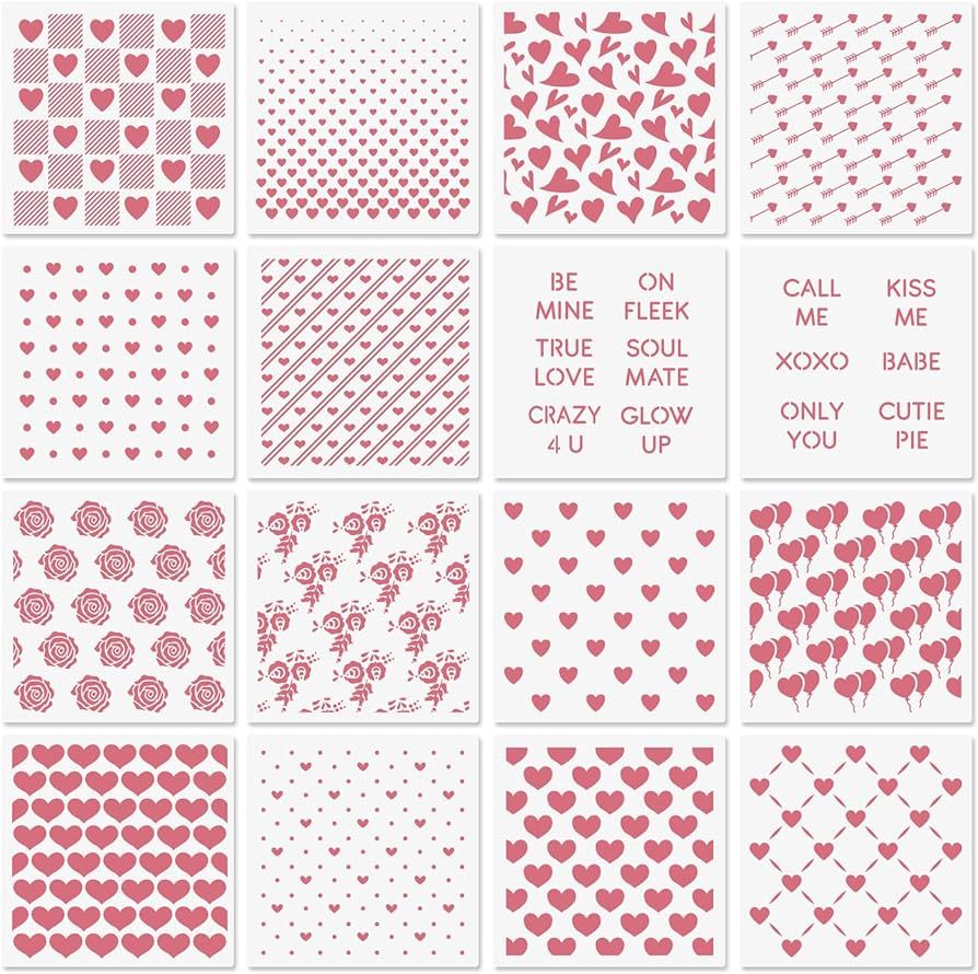6in Hearts Love Cookie Stencils for Royal Icing, Valentine Stencils for Sugar Cookie, 16 Pcs Asso... | Amazon (US)