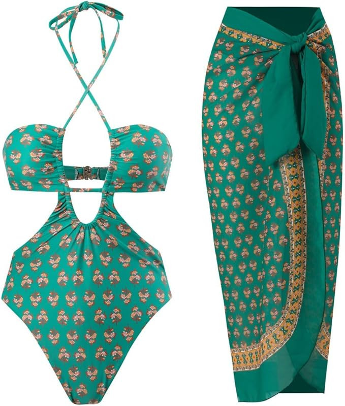 Wuitrie Womens Bikini Set 2 Piece Boho Vintage Print Sexy Halter Tummy Control Strappy Swimsuits ... | Amazon (US)