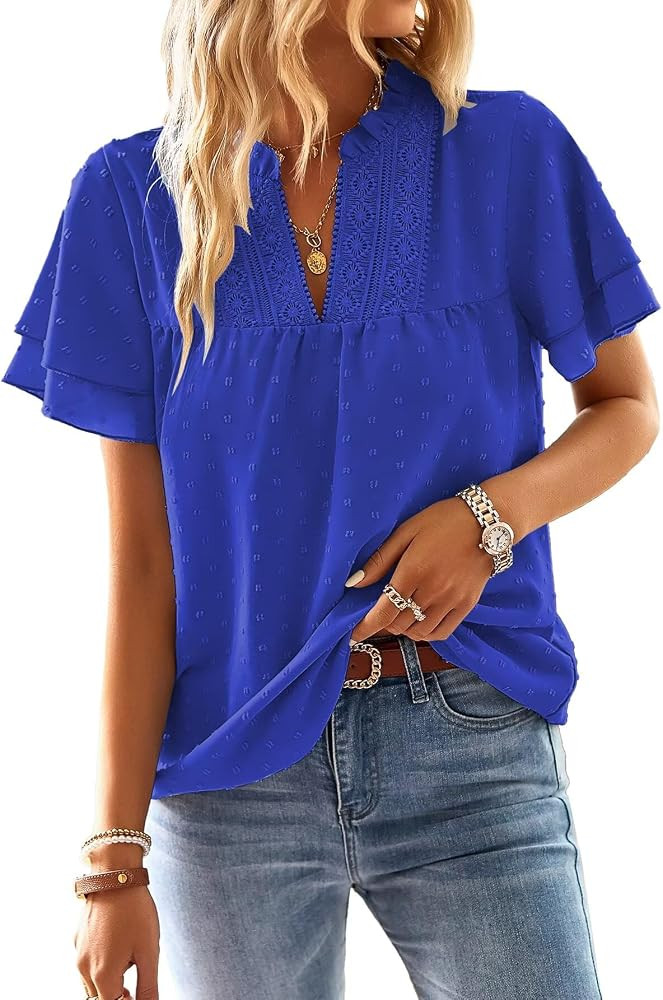 Falechay Womens Tops Butterfly Sleeve V Neck Blouses for Women Dressy Casual Flowy Swiss Dot Ruff... | Amazon (US)