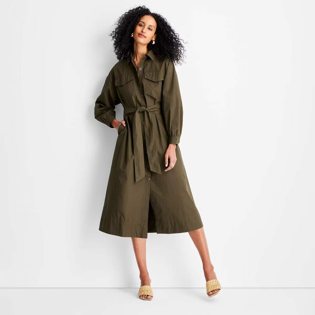 Women's Belted Maxi Shirtdress - Future Collective Dark Olive Green | Target