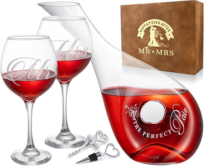Wedding Engagement Gifts for Couples, Wedding Wine Glasses & Wine Decanter Set Engraved with Mr a... | Amazon (US)