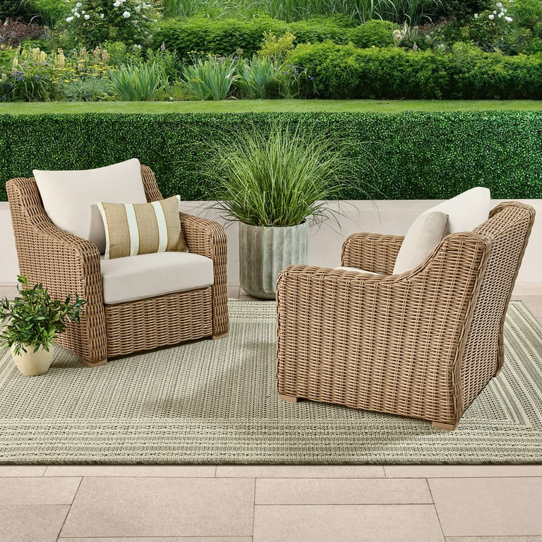 Better Homes & Gardens Bellamy Outdoor 2pk Lounge Chairs, Tan Wicker/Cream Cushion | Walmart (US)