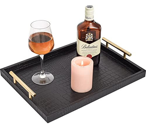 UPPER DECOR Rectangle Serving Tray - Decorative Tray for Coffee Table, Living Room, Home Decor - Crocodile Leather with Gold Handles (Black) | Amazon (US)