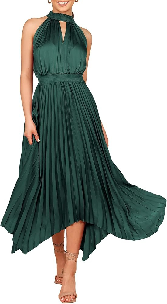 ANRABESS Women's Sleeveless Cutout Halter Neck Satin Formal Dress Smocked Pleated Asymmetric Part... | Amazon (US)