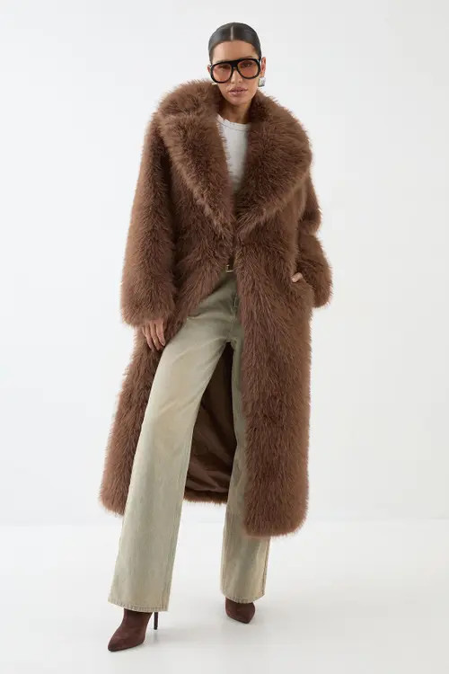 MissPap Long Faux Fur Wide Collar Coat in Brown at Nordstrom, Size 4 | Nordstrom