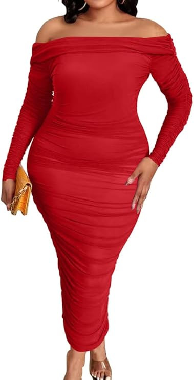 DAAWENXI Women's Plus Size Elegant Long Sleeve Off Shoulder Ruched Bodycon Midi Party Dress | Amazon (US)