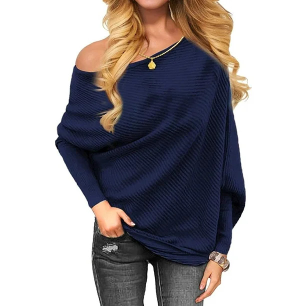 Women's Off The Shoulder Long Sleeve Pullover Knit Jumper Baggy Solid Sweater - Walmart.com | Walmart (US)
