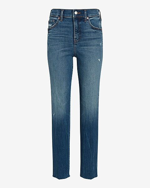 High Waisted Medium Wash Raw Hem Straight Ankle Jeans | Express