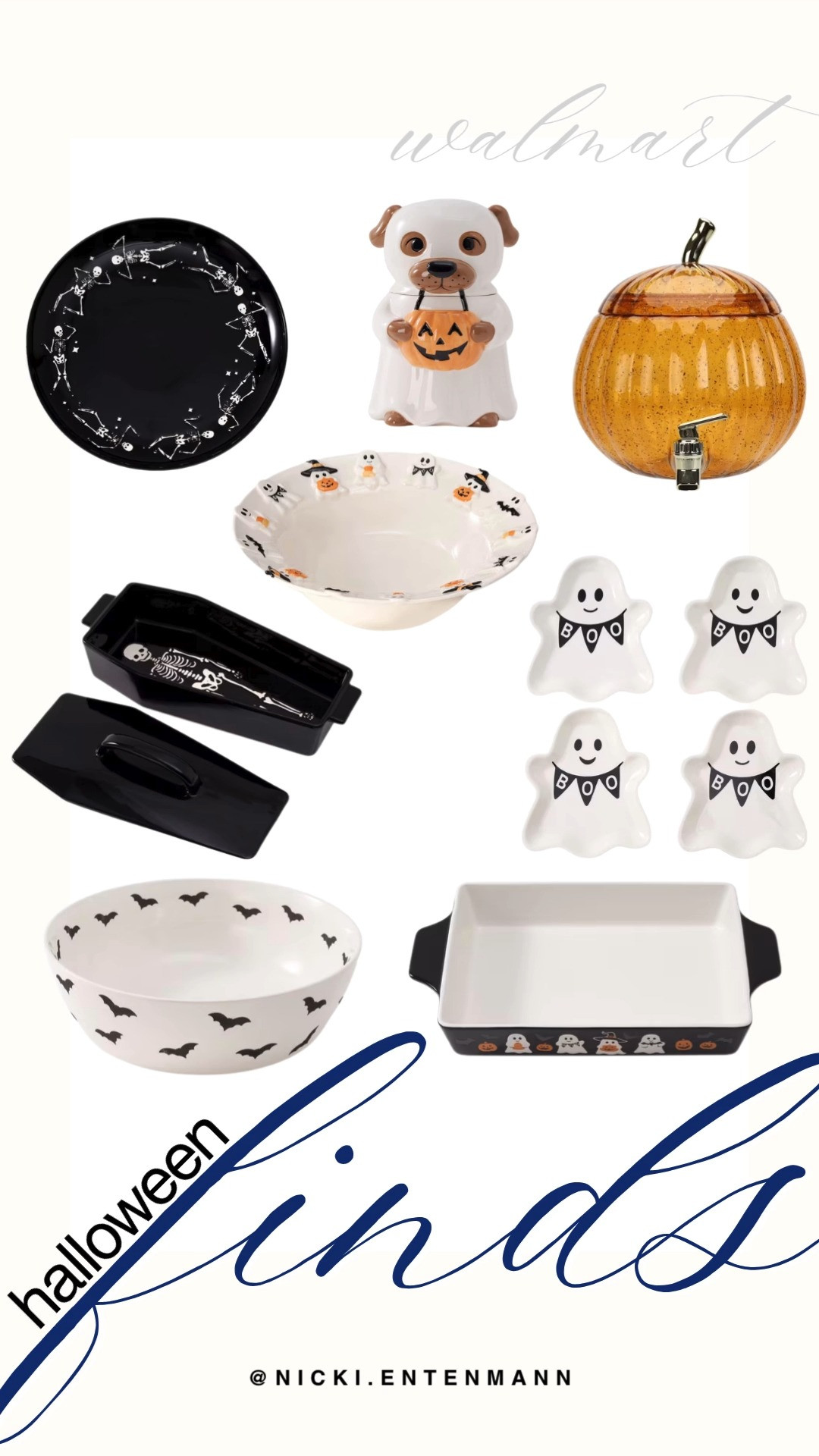 Set a charmingly spooky table with these festive Walmart Halloween dining and kitchen finds! The adorable collection features skeleton serving plates, a ghostly puppy cookie jar, a glass pumpkin drink dispenser, coffin-shaped butter dishes, friendly ghost snack bowls, and bat-patterned baking dishes. These festive, budget-friendly pieces make autumn entertaining and trick-or-treat hosting completely delightful.

#walmart #walmartfinds #halloween #halloweendecor #tablescape #spookyseason #homefinds #seasonaldecor 

 #LTKSeasonal #LTKHome #LTKSaleAlert
