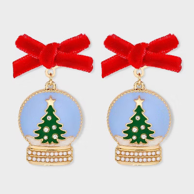 Christmas Snow Globe Bow Post Drop Earrings - Red/Gold | Target