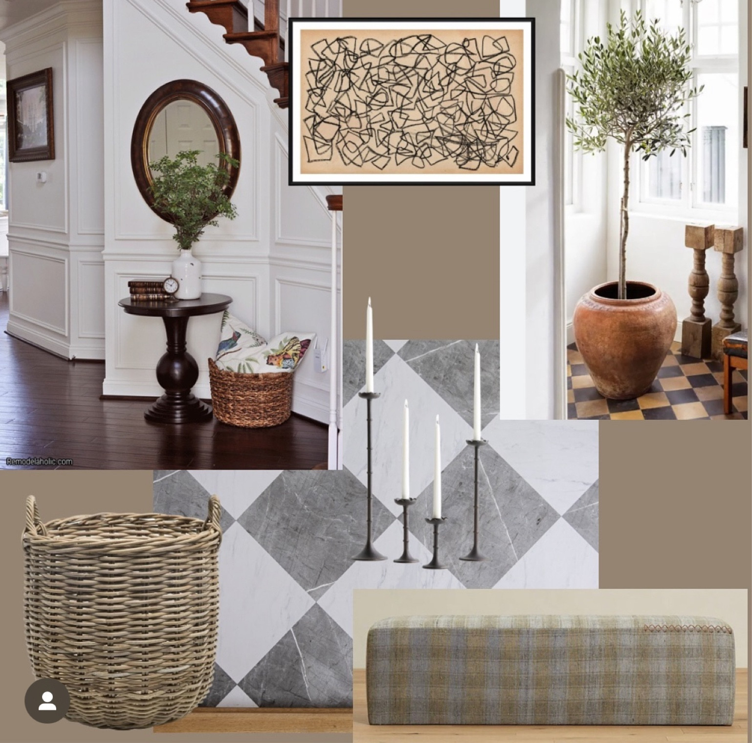 Entryway moodboard
Foyer moodboard

Checkerboard floor, harlequin floor, peel and stick tile, plaid bench, olive tree, basket, vintage furniture, taper candlestick holder, scribbles art, lulu and Georgia 