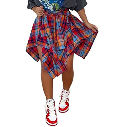 Plaid Pleated Skirt Mini - High Waisted Cute Knotted Irregular Hem A-line Skater Tweed Skirts Multicolored 3XL | Amazon (US)