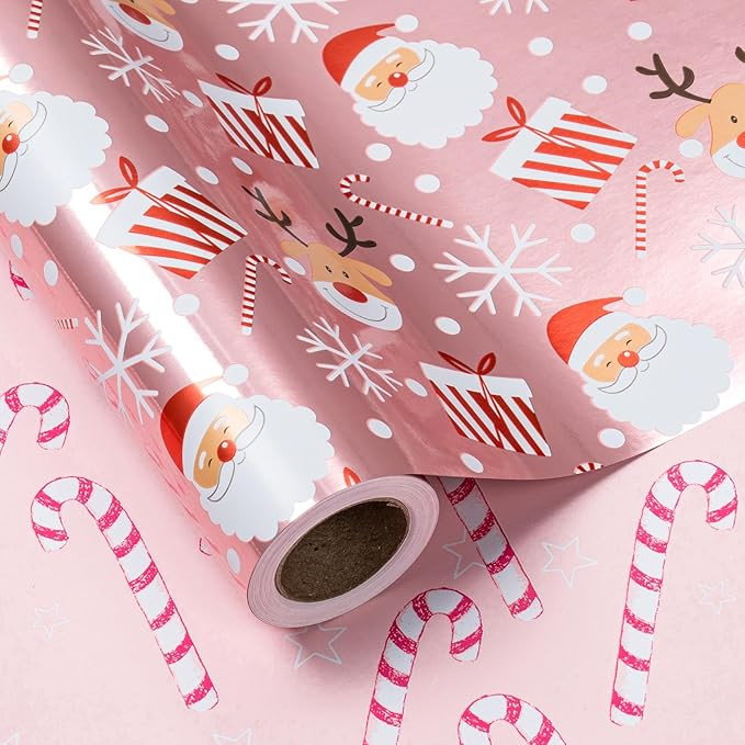 LeZakaa Christmas Pink Wrapping Paper Mini Roll, Santa Claus & Candy Cane, Metallic Foil, Rose Go... | Amazon (US)
