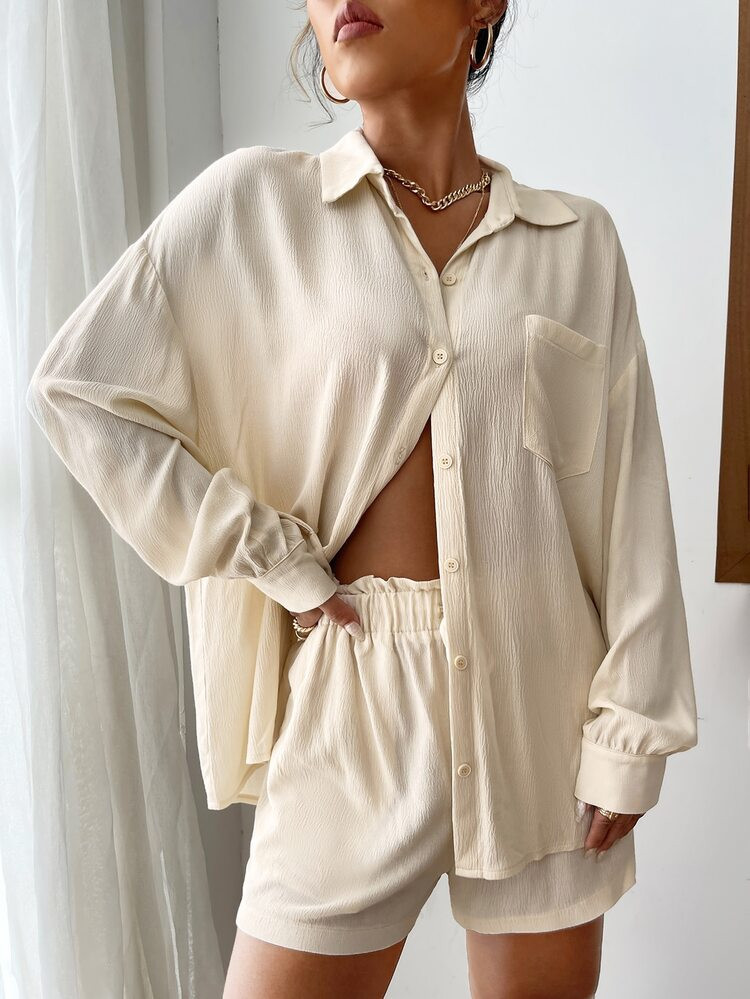 Solid Button Front Drop Shoulder Shirt & Shorts | SHEIN
