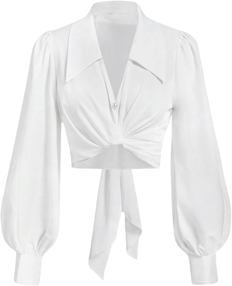 SweatyRocks Women's Button up Collar Cropped Shirt Long Sleeve Self Wrap Blouse | Amazon (US)