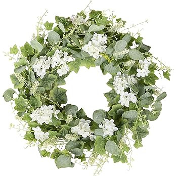 YNYLCHMX 18" Spring Eucalyptus Wreath for Front Door with White Flowers, Grapevines & Green Eucal... | Amazon (US)