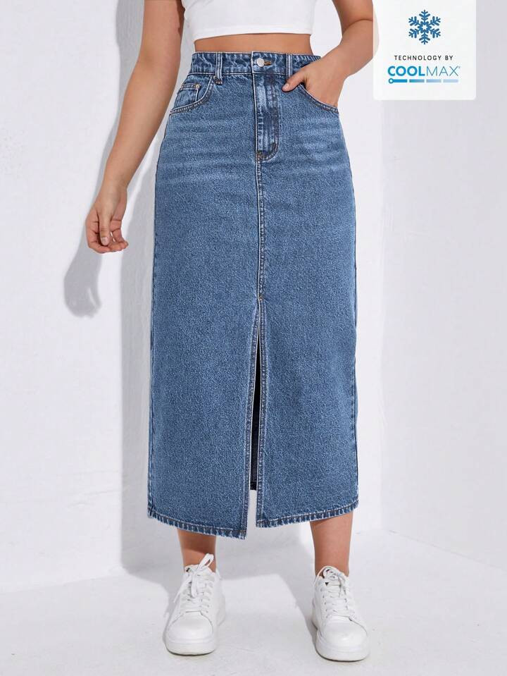 SHEIN EZwear Coolmax Spring/Summer Casual Front Split Straight Denim Skirt | SHEIN
