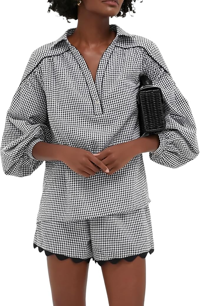 VAOYIU Two Piece Sets for Women Casual Summer Gingham Outfit Puff Sleeve Crew Neck Top Matching S... | Amazon (US)