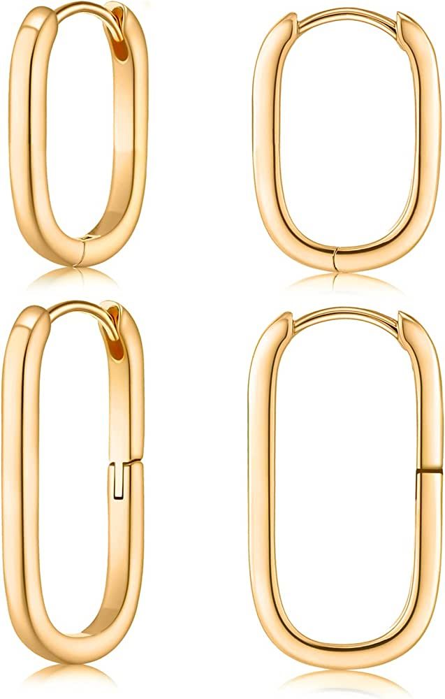 2Pairs 18K Gold Plated Small Rectangular Hoop Earrings for Women Minimalist Geometric Chunky Hugg... | Amazon (US)