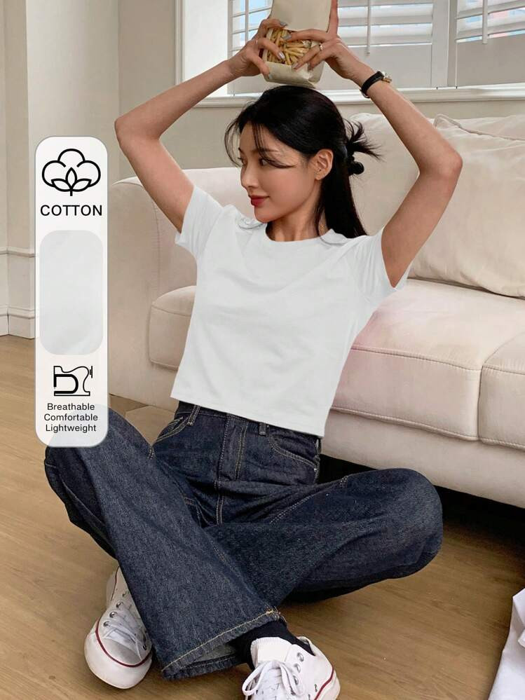 DAZY Women's Summer Solid Color Round Neck Short Sleeve Casual T-Shirt | SHEIN