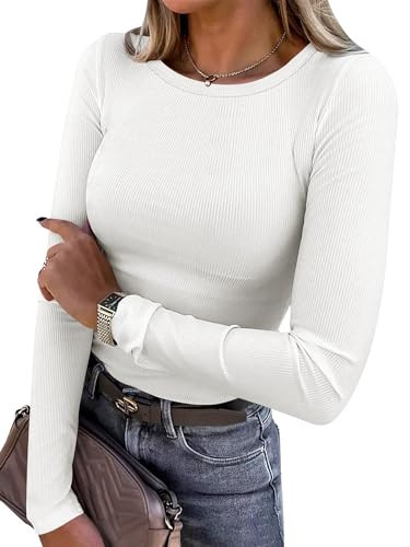 ANRABESS Women Long Sleeve Shirts Rib Knit Slim Fit Tops Basic Tee 2025 Fall Outfits Casual T-Shirt Underscrubs Layer Clothes White Large | Amazon (US)