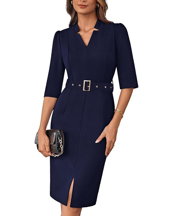 GRACE KARIN Women's Work Dress 3/4 Sleeve V Neck Bodycon Sheath Dress Zipper Up Office Business D... | Amazon (US)