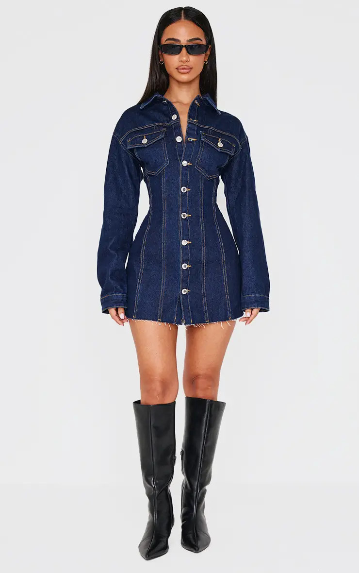 Petite Indigo Denim Long Sleeve Fitted Mini Dress | PrettyLittleThing US